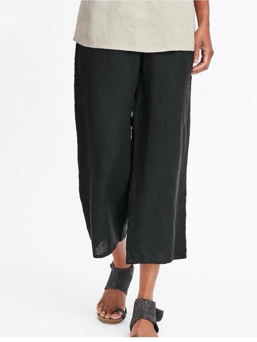 FLAX “Floods” - Cropped Linen Pants With Elastic Waist In Black | Size L